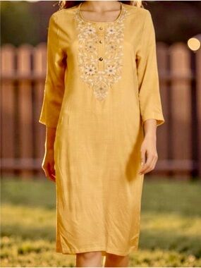 Zudio Mustard Embroidered Kurta Style Tunic Dress Boho India Viscose Size L